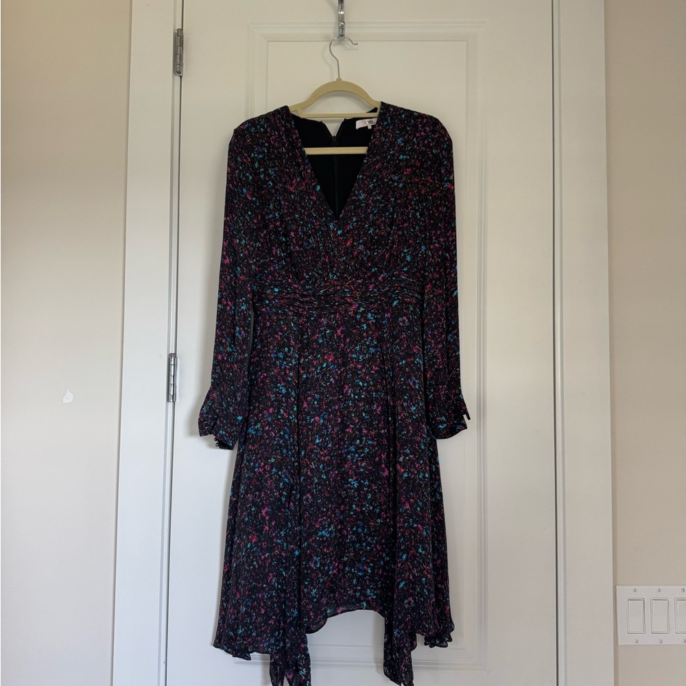 Black and Red Asymmetrical Wrap Dress with Bishop Sleeves